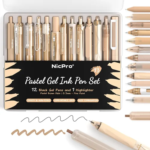 Nicpro Juego de 13 bolígrafos de tinta de gel pastel con funda, lindo bolígrafo retráctil de punta fina de 0.020 in, 12 bolígrafos de tinta negra