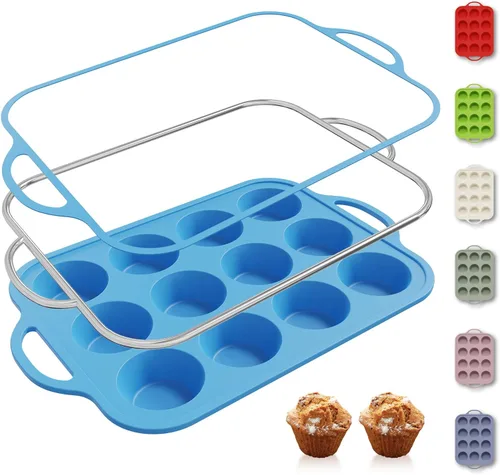 Miniatura 44 de 2 paquetes de 12 tazas de molde para magdalenas de silicona para hornear con marco reforzado de metal, molde para cupcakes de tamaño regular, Crema