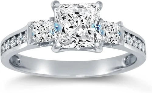 Miniatura 2 de Anillo de compromiso de plata esterlina 925 con 3 circonias cúbicas - corte princesa con piedras laterales