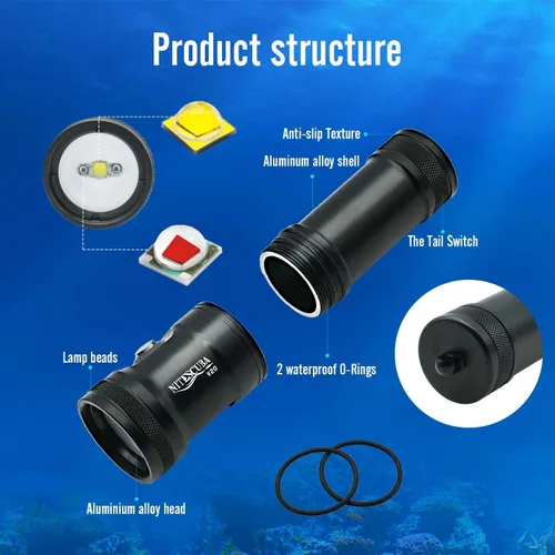 Miniatura 2 de Luz de video de buceo 2000 lúmenes Luz de cámara de fotografía de buceo para gopro Dive LED linterna, 100M/330FT luz de inundación submarina con haz