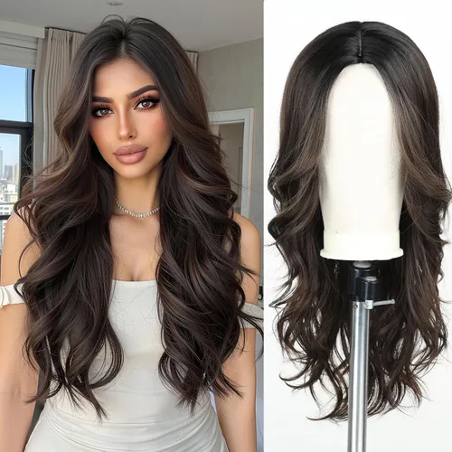 Miniatura 17 de Esmee Pelucas largas de color castaño rojizo ombré para mujer, peluca de cabello sintético ondulado y rizado natural para uso diario, fiestas
