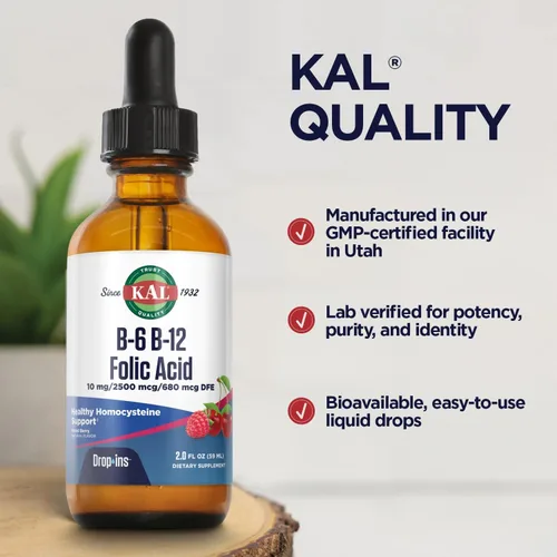Miniatura 5 de KAL Vitamina B-6 B-12 Ácido Fólico DropIns, Gotas de Suplemento Líquido de Vitamina B, Salud del Corazón, Energía, Soporte de Glóbulos Rojos