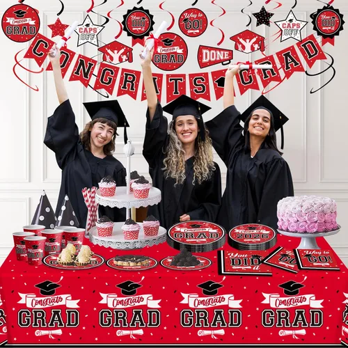 Miniatura 2 de DAZONGE Decoraciones de graduación 2026 rojo y negro, kit de vajilla desechable de 265 piezas para 50 invitados, platos, servilletas, vasos, mantel