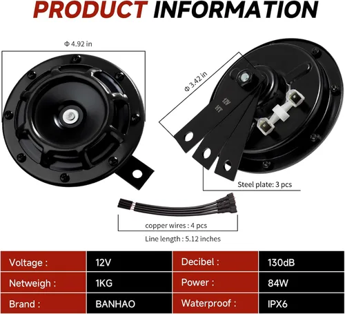 Miniatura 6 de Bocina eléctrica para coche, 12 V, súper fuerte, tono alto/bajo, kit de bocinas dobles de metal con rejilla protectora, 2 bocinas 003399801, montaje