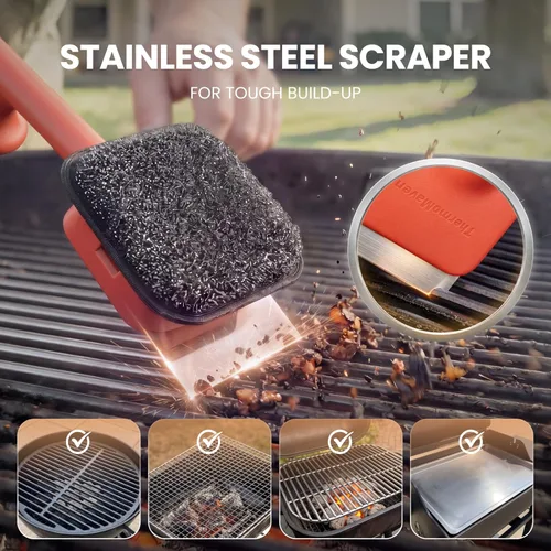 Miniatura 4 de ThermoMaven Cepillo para Parrilla de BBQ Sin Cerdas - Cepillo Limpiador de Parrilla de Vapor Seguro de 17" con Raspador y 3 Cabezales de Cepillo
