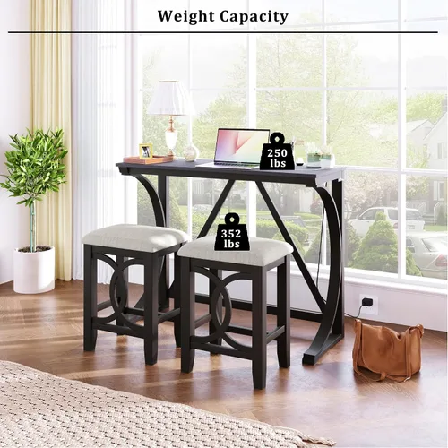 Miniatura 5 de Juego de mesa de comedor para 2, juego de mesa de comedor de 3 piezas de altura de mostrador con puerto USB y taburetes tapizados, color espresso