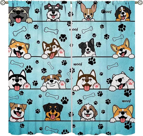 Miniatura 10 de Cortinas opacas con diseño de animales, fondo azul con huellas de perro, huesos y divertido patrón de cachorro, cortinas de sala de estar para niños