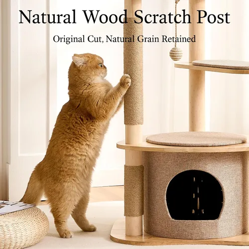 Miniatura 4 de 797Audio Moderno árbol de madera para gatos, árbol estético para gatos de 46 pulgadas con postes rascadores de madera de pino natural y condominio
