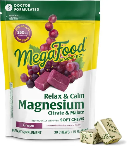 MegaFood Relax + Calm - Masticables suaves de magnesio - Suplemento de magnesio de citrato y malato - Sin gluten, vegetariano y hecho sin lácteos ni