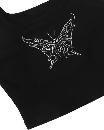 Miniatura 4 de Verdusa Camiseta corta sin mangas con cuello cuadrado y diamantes de imitación para mujer