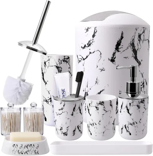 Miniatura 47 de XLHOMO - Juego de baño beige de plástico de 9 piezas, con basurero, dispensador de jabón, portacepillos de dientes, vaso, jabonera, cepillo