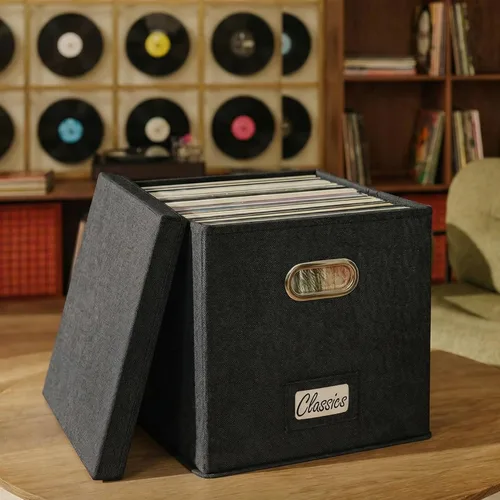 Miniatura 11 de ZICOTO Juego de caja de almacenamiento de discos de vinilo decorativa para más de 100 discos individuales, resistente y fácil de transportar