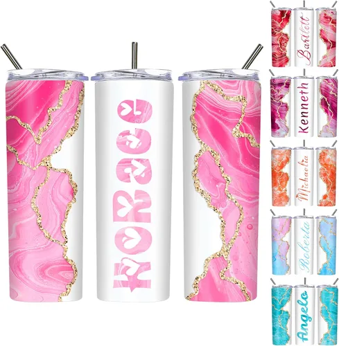 Miniatura 11 de Vasos delgados personalizados con tapas y pajitas de 20 onzas, diseño de mármol personalizado, vasos de acero inoxidable delgados con nombre