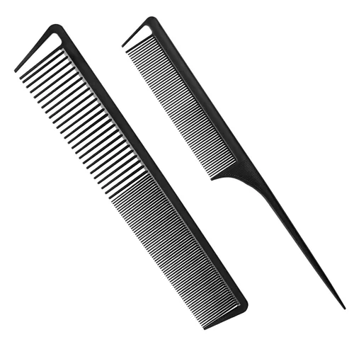 Peine profesional negro de burlas, dientes finos y anchos + peine de pelo de cola de rata para todo tipo de cabello, paquete de 2