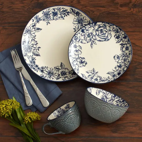 Miniatura 6 de Pfaltzgraff Gabriela Blue - Juego de vajilla de 16 piezas, servicio para 4, platos, tazones y tazas de gres duradero con elegante patrón azul, apto