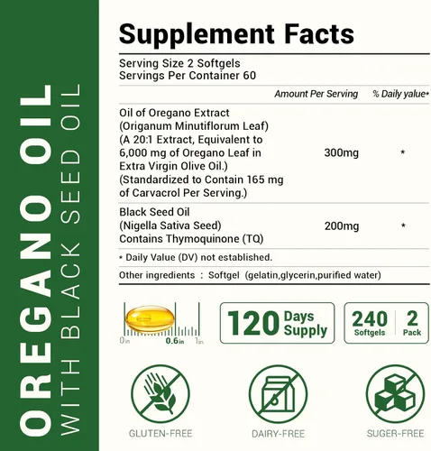 Miniatura 5 de Cápsulas blandas de aceite de orégano - Aceite de orégano con aceite de semilla negra, formulado con Carvacrol 165mg y timoquinona, 240 cápsulas