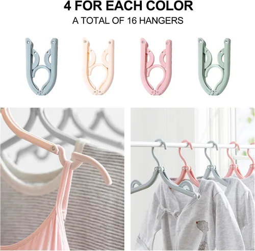 Miniatura 4 de Xiacibdu - 16 perchas de plástico plegables coloridas con 1 tendedero, estante portátil de secado de ropa de viaje para la escuela en casa