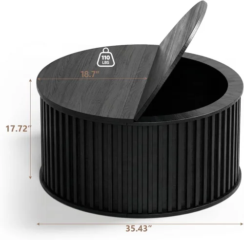 Miniatura 2 de Mesa auxiliar redonda con almacenamiento, mesa central acanalada de 35.43 pulgadas para sala de estar, mesa moderna de mediados de siglo, color negro