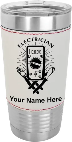 LaserGram Vaso aislado al vacío de 20 onzas, electricista, grabado personalizado incluido (piel sintética, estilo béisbol)