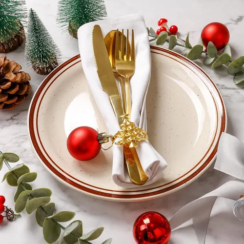 Miniatura 7 de Juego de 12 servilleteros de árbol de Navidad, soporte de hebilla dorada para banquetes, reuniones familiares, cena de mesa, decoración de boda