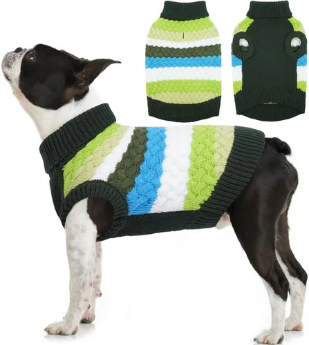 Miniatura 26 de Kuoser Suéter grande para perro, suéteres de punto de cuello alto para perros grandes, rayas coloridas, chaleco de punto para mascotas, ropa cálida