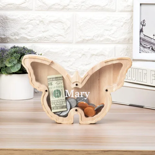 Miniatura 4 de Alcancía de madera personalizada con diseño de dinosaurio grabado con nombre grabado, caja de dinero para Navidad, cumpleaños, regalo divertido