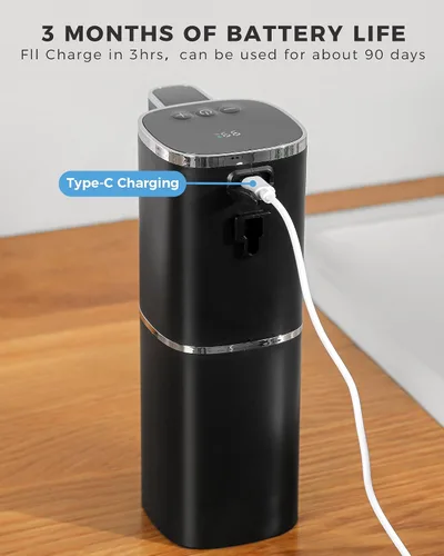 Miniatura 7 de Dispensador automático de jabón espumoso sin contacto, dispensador de jabón de manos inteligente recargable por USB, 9 niveles ajustables, 13.5 Negro