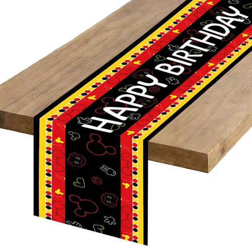 Camino de mesa de feliz cumpleaños, negro, rojo, amarillo, ratón, tela de poliéster, decoración de mesa de comedor para decoración de fiesta del