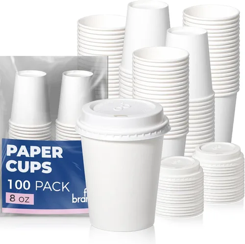 Fit Meal Prep Paquete de 100 tazas de café desechables de 8 onzas con tapas, tazas de papel prémium para bebidas calientes/frías, tazas de viaje a