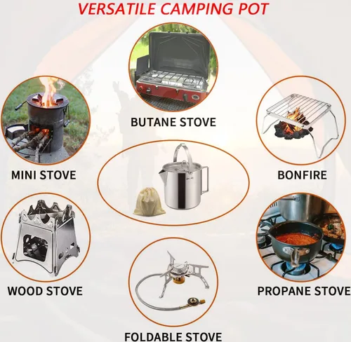 Miniatura 4 de Hervidor de té para camping, cafetera portátil de 1.2 L, olla de campamento al aire libre, con asas y con tapas para camping, senderismo, picnic