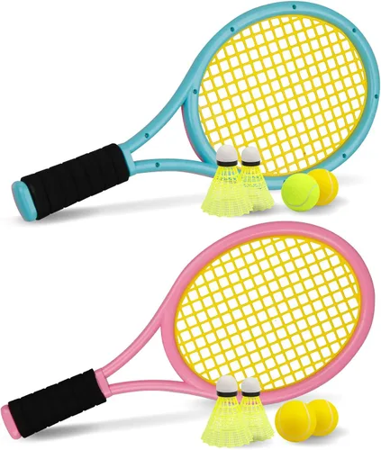 Juego de raqueta de tenis para niños, raqueta de 17 pulgadas con 1 pelota de tenis, 4 volantes de bádminton y 3 pelotas suaves para deportes de