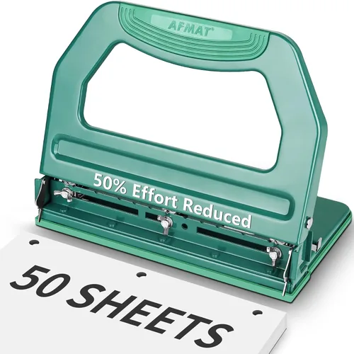 Miniatura 11 de AFMAT Perforador de 3 Agujeros de Alta Resistencia, Agujeros de 9/32", Perforador de 50 Hojas de 3 Anillos, 50% Menos Esfuerzo, Perforador Ajustable