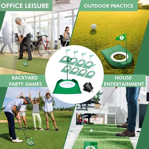 Miniatura 7 de Paquete de 9 tazas de golf con banderas, ayudas de entrenamiento de golf de plástico con recuperador de pelotas de golf, juego de agujeros de Verde