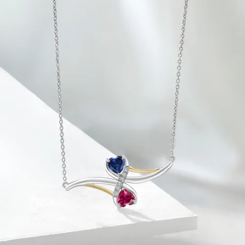 Miniatura 4 de Gem Stone King Collar con colgante de plata de ley 925 y oro amarillo de 10 quilates, color rojo zafiro creado en rubí y diamante blanco cultivado