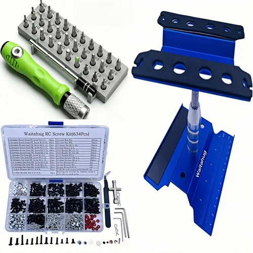 Miniatura 8 de Kit de herramientas de coche RC, kit de tornillos RC de 634 piezas, banco de trabajo de reparación de rotación de 360 grados, destornillador 32