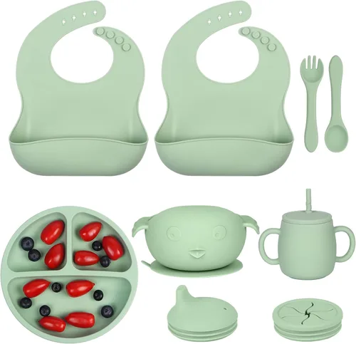 Miniatura 9 de lokeisna Juego de 13 piezas de alimentación de bebé de silicona, suministros de alimentación de destete para bebés, cuenco y plato de succión