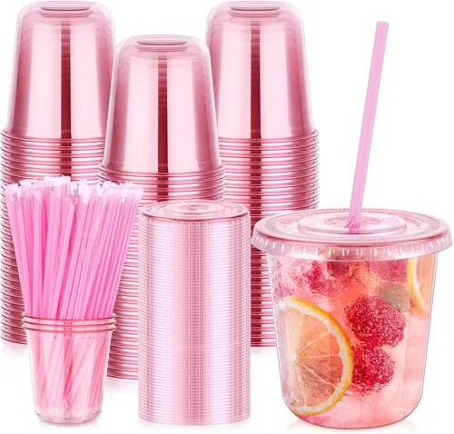 Miniatura 14 de KesaPlan Paquete de 50 tazas de plástico negro de 16 onzas con tapas y pajitas, taza de café helado desechable con tapas, tazas de fondo redondo