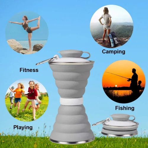 Miniatura 4 de Collapsible Water Bottle, Camping Cup With Carabiner, Reuseable Silicone Foldable Leak Proof Portable Sports Travel Water Bottles For Outdoor, Gris