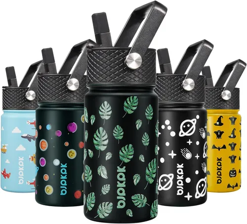Miniatura 21 de BJPKPK Botella de agua aislada con tapa con pajilla, bonitas botellas de agua de 15 onzas, termo de metal de acero inoxidable, vasos reutilizables