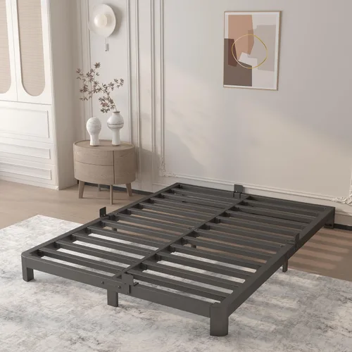 Base de cama Queen de 4 pulgadas, no necesita somier, base de cama de plataforma con juntas de metal, soporte de listones de acero resistente, tapón