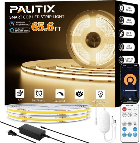 Miniatura 10 de PAUTIX Tiras de luces LED COB 65.6 pies/20m blanco cálido 2700K, compatible con Alexa/Google Assistant, tiras LED regulables para dormitorio
