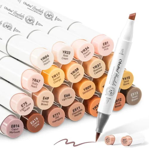 Ohuhu Rotuladores de alcohol en tono de piel, marcadores de color de piel de doble punta para ilustración de colorear de artistas adultos – 24