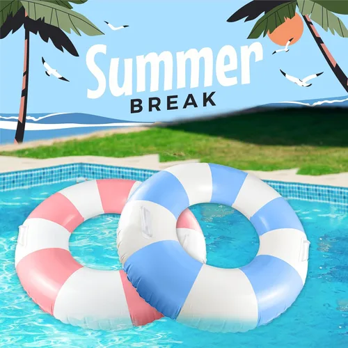 Miniatura 3 de Flotadores clásicos de piscina a rayas con asa, tubos inflables de rayas azules y blancas para anillos de natación grandes flotantes para adultos