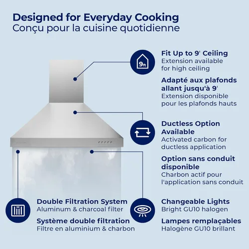Miniatura 4 de Hauslane Campana extractora de montaje en pared de 30 pulgadas, chimenea de pared negra mate, convertible sin conductos de 6 pulgadas, succión