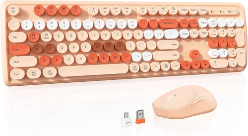 Coloridos teclados inalámbricos de computadora, mouse combinados, teclado retro de tamaño completo, mouse inalámbrico ajustable DPI de 4 niveles,