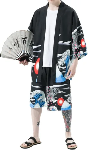 Miniatura 5 de PRIJOUHE Conjunto de kimono de estilo japonés para hombre, ligero, casual, con siete mangas, frente abierto, cárdigan y pantalones cortos