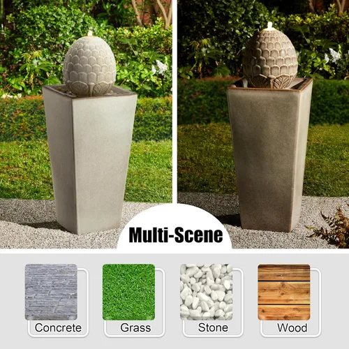 Miniatura 5 de Glitzhome Fuente de agua de cerámica para exteriores con luz LED, fuentes de agua con pedestal de alcachofa extragrande con bomba sumergible, fuente
