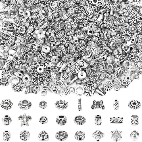 Miniatura 8 de UPINS 300 cuentas espaciadoras plateadas para hacer joyas, cuentas de metal tibetano antiguo, pulseras, collares, manualidades, cuentas sueltas