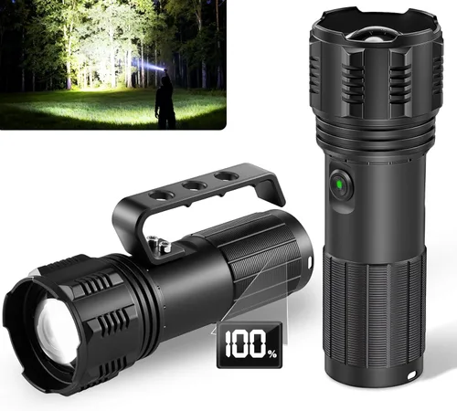 Linternas recargables de alto lúmenes con asa, linterna súper brillante recargable, linternas de alta potencia con pantalla digital, linterna LED de
