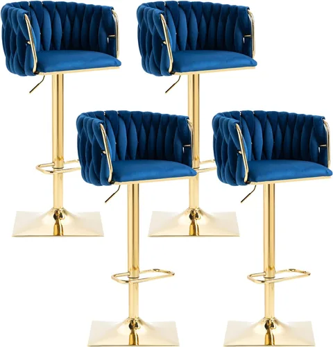 Miniatura 16 de Juego de 2 taburetes de bar giratorios de terciopelo, taburetes de bar ajustables y cómodos, silla de comedor moderna con respaldo tejido, taburetes